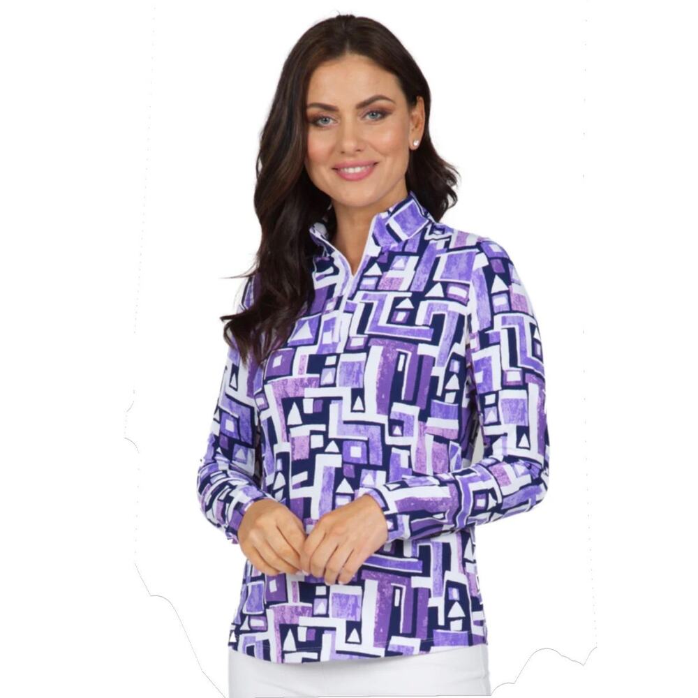 Ibkul Top Womens XL Purple Jennifer Long Sleeve Zip Mock Geometric Golf Athletic